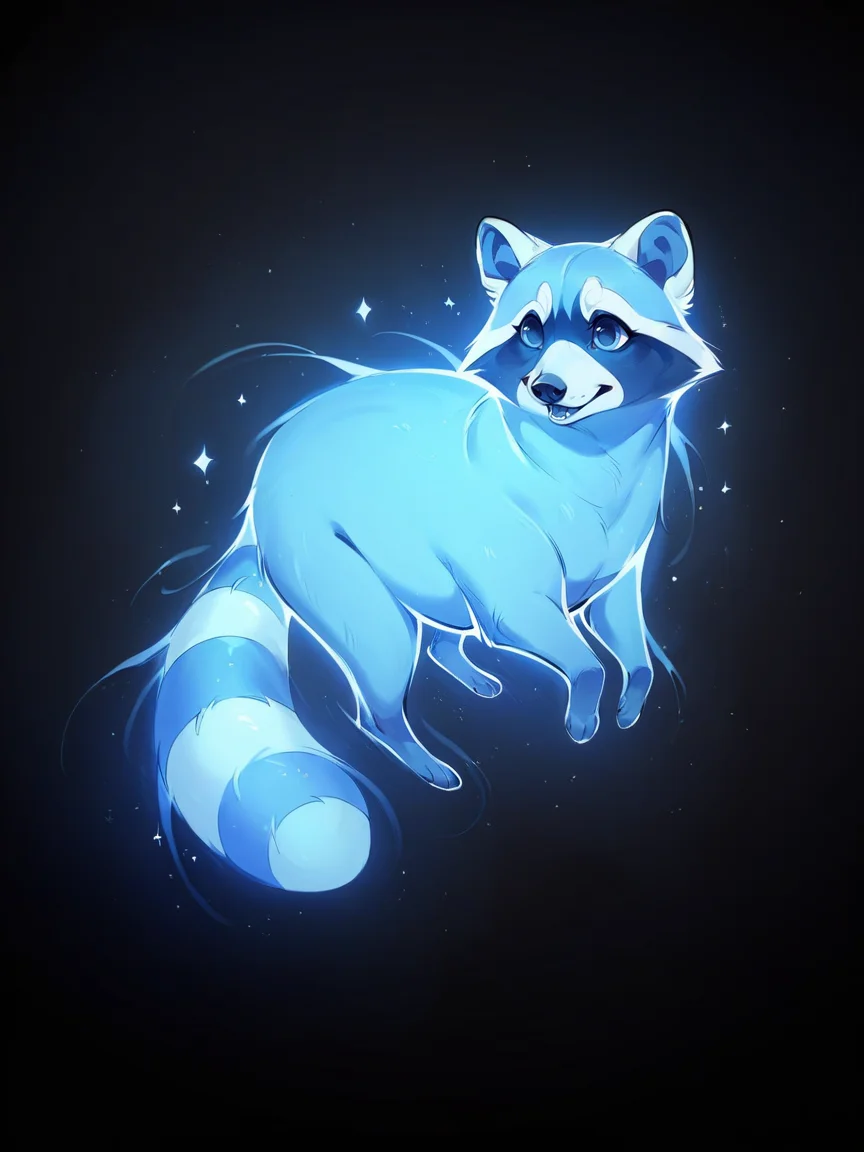 score_9, score_8_up, score_7_up, score_6_up, score_5_up,  <lora:p4tr0nusXLP:1> p4tr0nus, no humans, glowing, black background, blue theme, raccoon