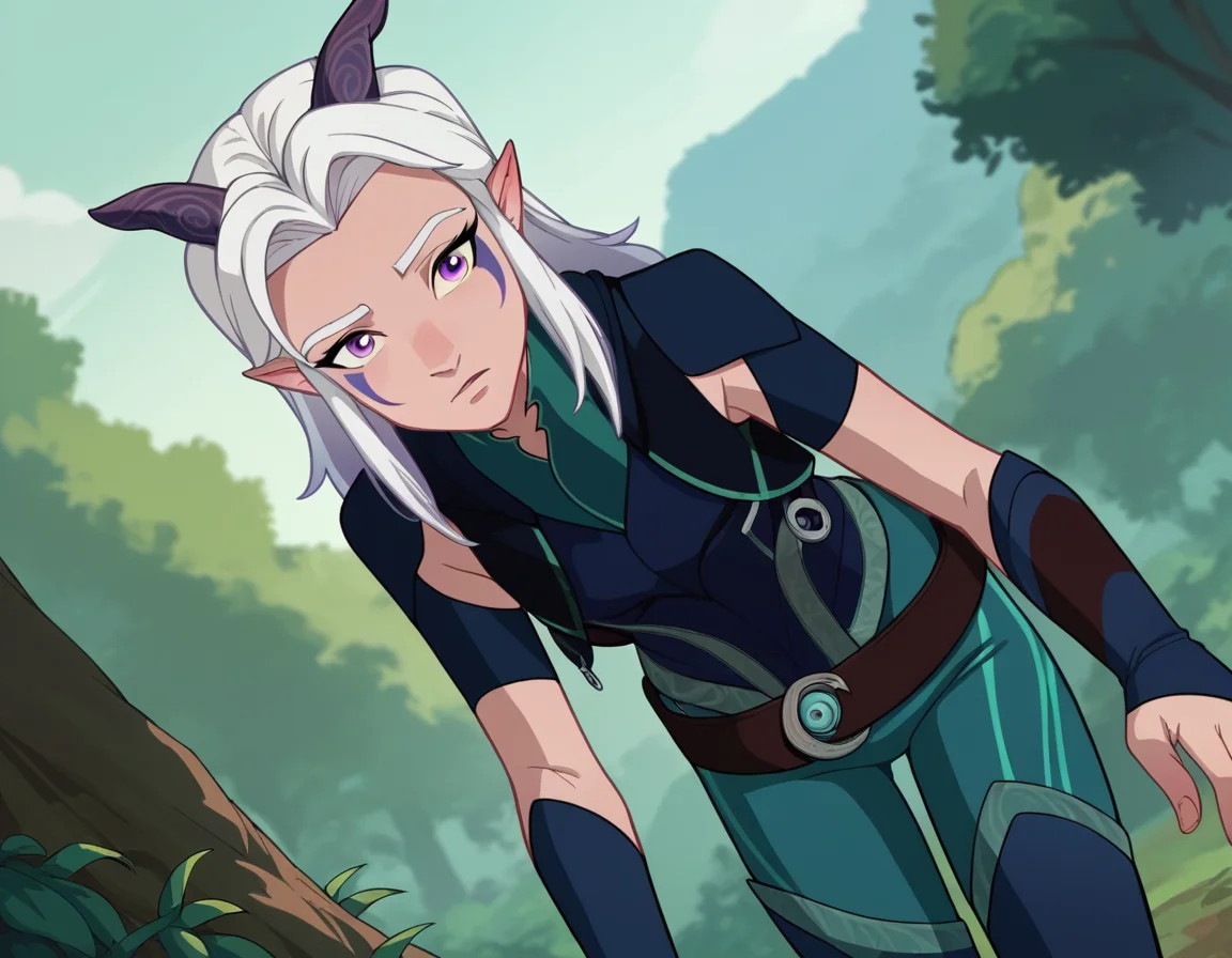 score_9, score_8_up, score_7_up, source_anime,
rayla, <lora:the-dragon-prince-rayla-ponyxl-lora-nochekaiser:1>,
rayla, long hair, white hair, horns, pointy ears, purple eyes,
boots, belt, bodysuit,
outdoors, nature, bent over,
looking at viewer, dutch angle, cowboy shot,