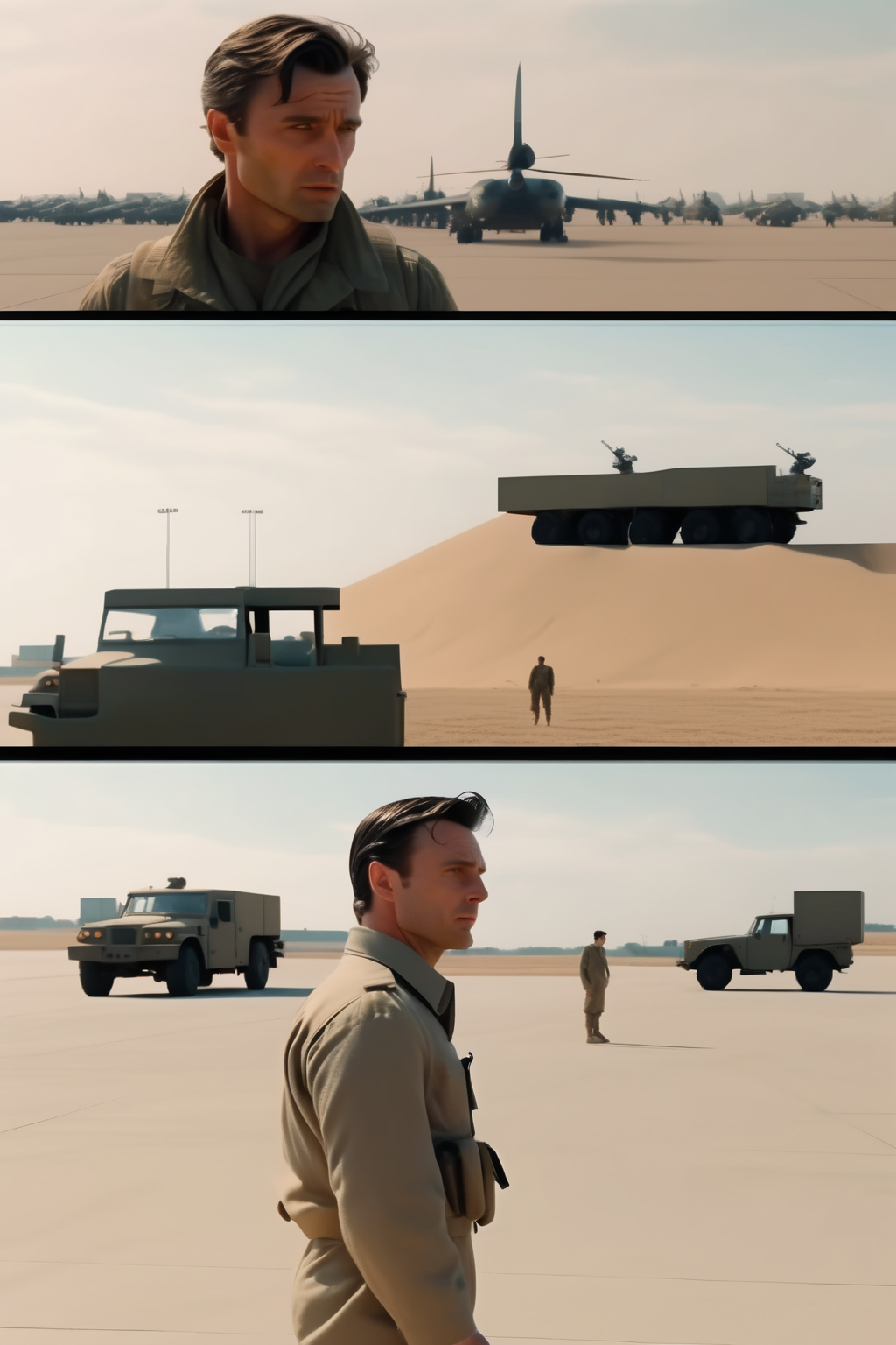 <lora:Director Christopher Nolan style:1>Director Christopher Nolan style - european looking black haired man special ops frontal wearing combat, full body from head to feet profile shot, on US military base, with military pickup trucks, scattered soldier helicopters and a control tower in the Sahara desert with lots of sand on the ground, hour 9am of the daythe highest resolution available Ultra High Definition 8K 7.680  4.320 pxeles recorded with camera EPIC-M 8k Mysterium-X with great joy  (50 mm, T1.5 FF,  E) hyper realistic cinematic