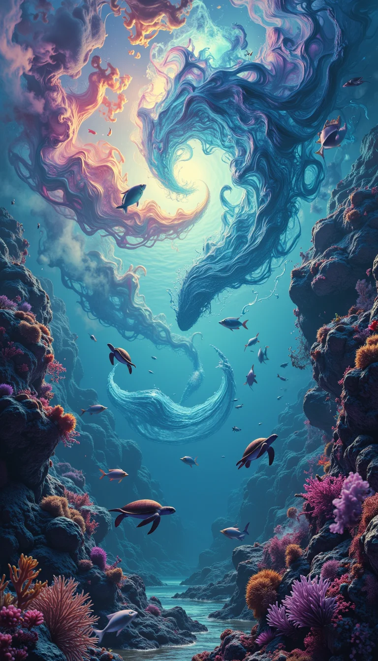 A breathtaking, surreal seascape depicting the "Dreams of the Ocean." Show a vast underwater realm where the dreams of sea creatures manifest as physical phenomena. Imagine sleeping whales projecting gigantic, shimmering thought bubbles containing abstract ocean memories. Coral reefs could be dreaming up new, impossible colors and shapes, actively evolving before our eyes. A group of dreaming sea turtles might be creating a swirling vortex of ancient maritime maps and long-lost ship artifacts. Include scenes of bioluminescent fish weaving their dreams into living light sculptures. The water itself should have a dreamy, ethereal quality, with currents visible as flowing streams of consciousness. Use a rich, deep-sea color palette punctuated by vivid bursts of dreamlike bioluminescence and the soft glow of moonlight filtering from above.