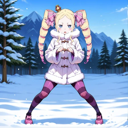 beatrice_re_zero, girl, long_hair, looking_at_viewer, blush, open_mouth, blue_eyes, blonde_hair, long_sleeves, ribbon, twintails, standing, full_body, pink_hair, hair_ribbon, multicolored_hair, sidelocks, pantyhose, outdoors, sky, shoes, day, coat, tree, symbol-shaped_pupils, fur_trim, drill_hair, crown, nature, twin_drills, snow, pink_ribbon, forest, legs_apart, white_coat, mountain, pink_footwear, winter_clothes, mini_crown, winter, striped_ribbon, winter_coat, purple_pantyhose, <lora:se_beatrice_re_zero:1>