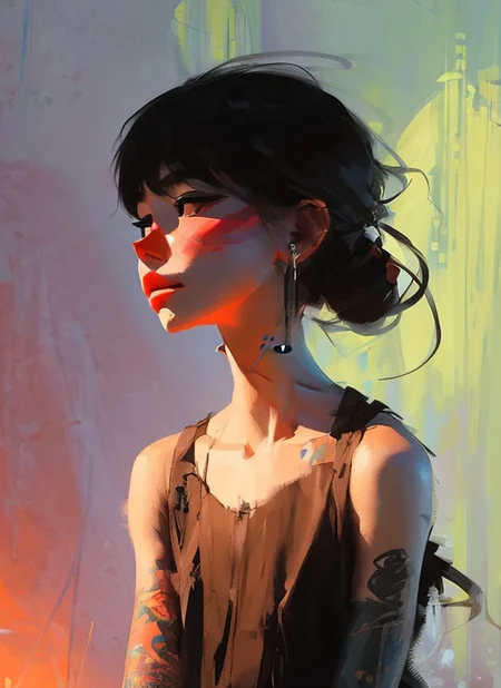 samdoesarts; portrait of one, a young woman, with colourful makeup, long hair with bangs, sternum lotus tattoo, by Jeremy Mann, matth�us merian the elder, Pino Daeni, robert rauschenber, by beksinski