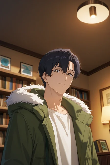 masterpiece, best quality, amazing quality, very aesthetic, high resolution, ultra-detailed, absurdres, newest, scenery, volumetric lighting, depth of field,anime screencap, , , 1boy, solo, male focus, <lora:yexiu:0.82>Ye Xiu, black hair,brown eyes, short hair,Looking at viewer, smile, shirt, closed mouth, coat, white shirt, upper body, open clothes, indoors, hood, green coat, fur trim, bookshelf, lamp, ceiling, electric fan, ceiling light