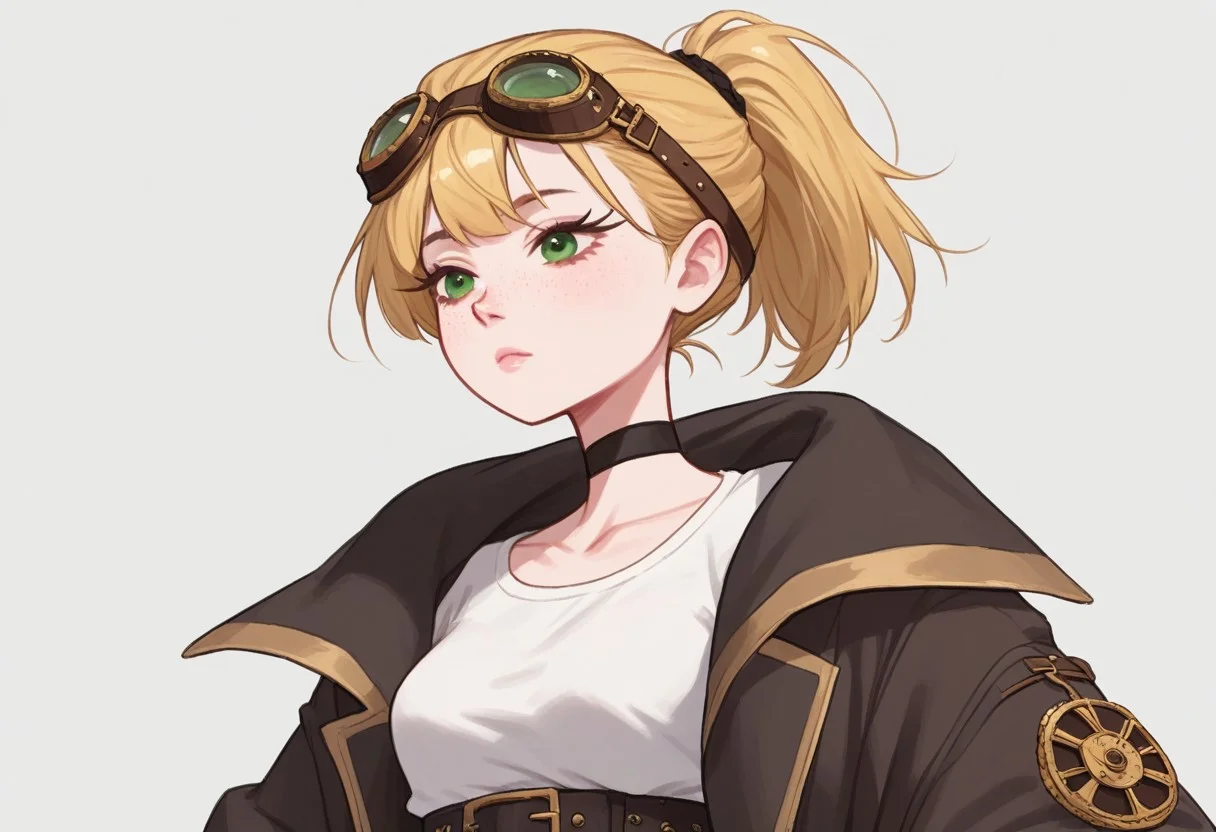 score_9, score_8_up, score_7_up, 1girl, short, pale skin, cute face, green eyes, freckles, short blonde hair, ponytail, side bangs, petite, medium breasts, choker, wearing a black bolero jacket over a loose white shirt, brown pantaloons, black laced boots, belts, wearing steampunk goggles