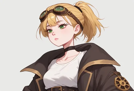 score_9, score_8_up, score_7_up, 1girl, short, pale skin, cute face, green eyes, freckles, short blonde hair, ponytail, side bangs, petite, medium breasts, choker, wearing a black bolero jacket over a loose white shirt, brown pantaloons, black laced boots, belts, wearing steampunk goggles