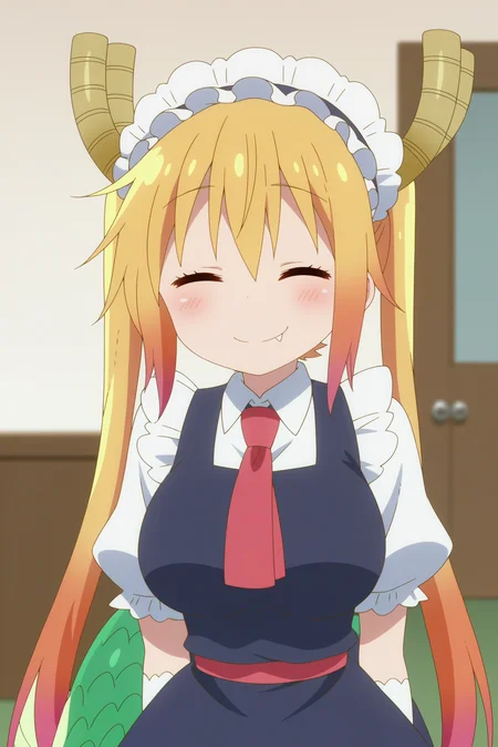 1girl,solo,tohru,mature,horns,twintails,fang,maid headdress,smile,gloves,whites gloves,dragon horns,tail,dragon girl,split pupils,looking at viewer,indoors,upper body,hands behind the back,blush, eyes closed