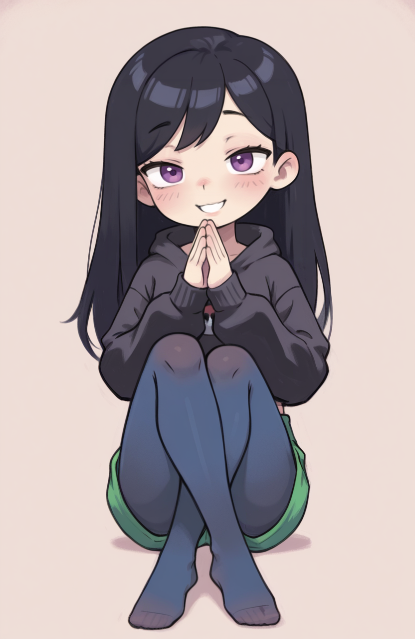 1girl, solo, <lora:qtkat:0.9> qtkat,
<lora:VioletParr_NAI:0.5> violet parr, black hair, long hair, purple eyes, black knit hoodie, thumb hole sleeves, long sleeves , hood down, green boxing shorts, blue high-waist pantyhose, no shoes, sitting, legs crossed, hands clapping, bright smile, cheerful expression, extremely detailed, highres, masterpiece, best quality