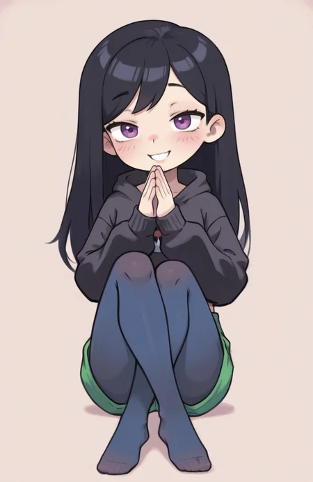 1girl, solo, <lora:qtkat:0.9> qtkat,
<lora:VioletParr_NAI:0.5> violet parr, black hair, long hair, purple eyes, black knit hoodie, thumb hole sleeves, long sleeves , hood down, green boxing shorts, blue high-waist pantyhose, no shoes, sitting, legs crossed, hands clapping, bright smile, cheerful expression, extremely detailed, highres, masterpiece, best quality