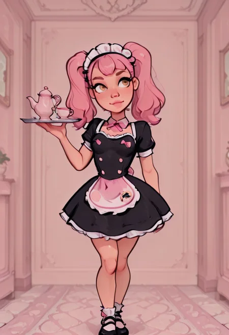 1girl(femboy, pink hair, dual ponytails, hazel eyes, small breasts, standing), Dynamic angle, Dynamic pose, NSFW, smoove, maid dress, pink bow, frills, short sleeves, maid headdress, carrying tea set on silver tray