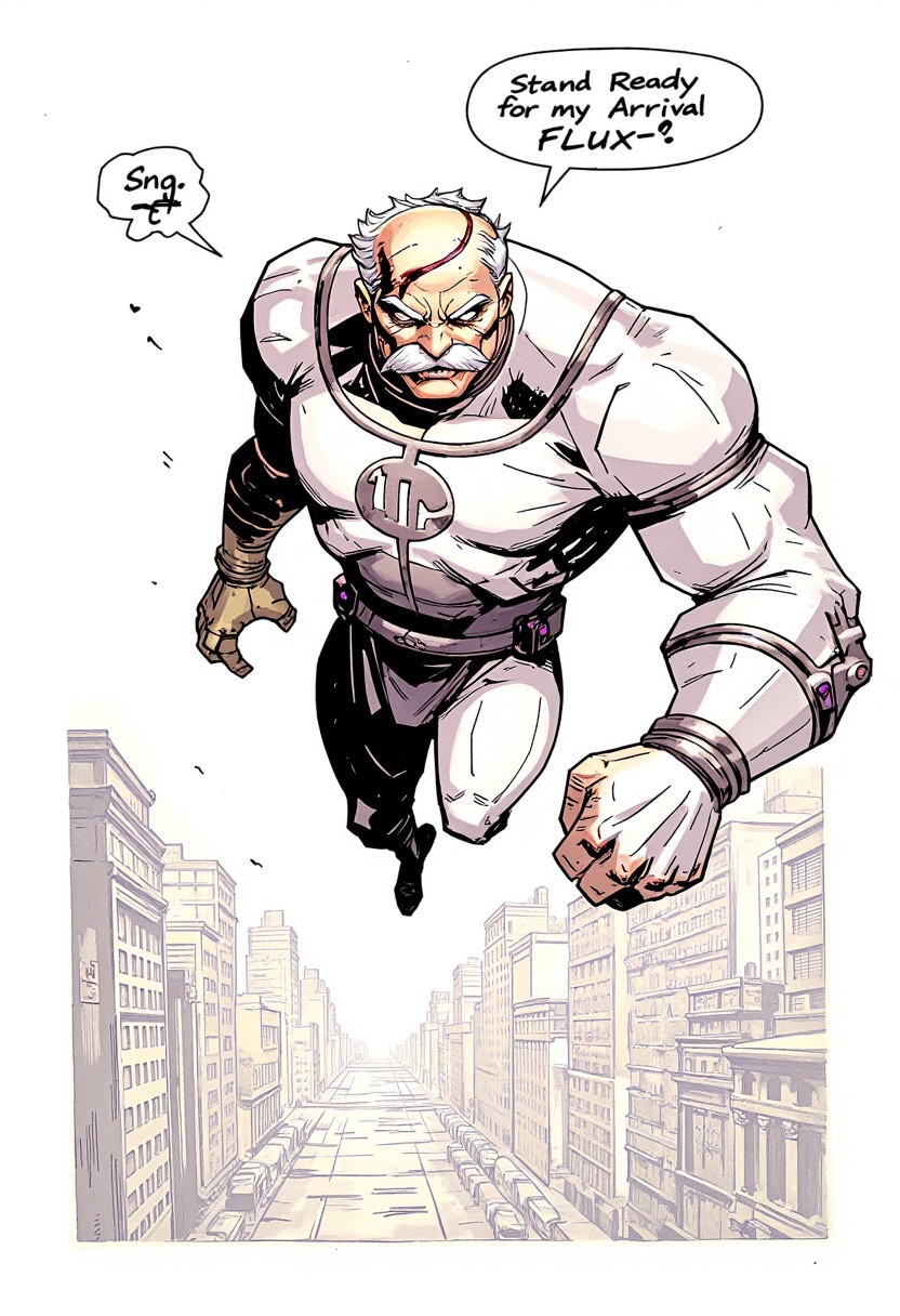Inked comic illustration in TTCSV1.0 style featuring C0nq-FLUX, old muscular man with right mechanical hand, scar across his face and blind right eye, dressed in a sleek, silver armor-like suit with a high-tech aesthetic. flying above the cityscape with a speach bubble with text that reads "Stand Ready for my Arrival FLUX"