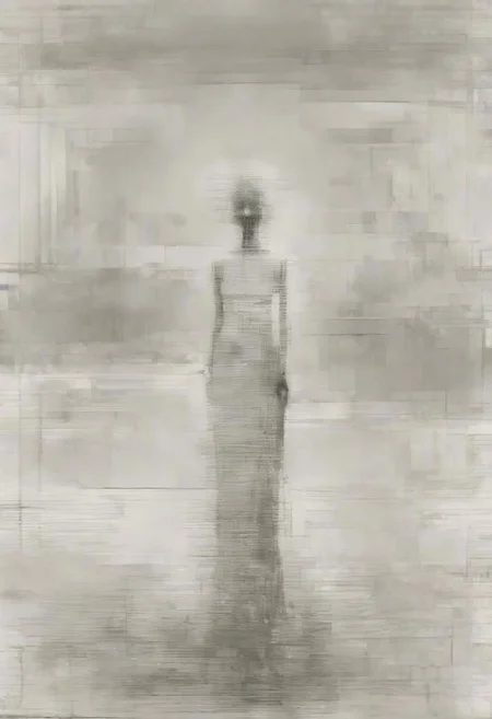 Monochrome black and white, Giger, Beksinski, Zawadzky, Dali, Magritte, Delvaux, Bellmer, Malevitch, Rodchenko, Mondrian, Kandinsky, Popovna, psychedelic hallucination, pop surrealism, rough crosshatch drawing pop art Lunatic_Portrait of a young woman in latex Avant-garde Fashion page, slick back, low bun, black makeup, sinister expression, intense glare, avant-garde, abstract, weird, geometric, constructivism, suprematism, rayonism, verticism, lineism, tj