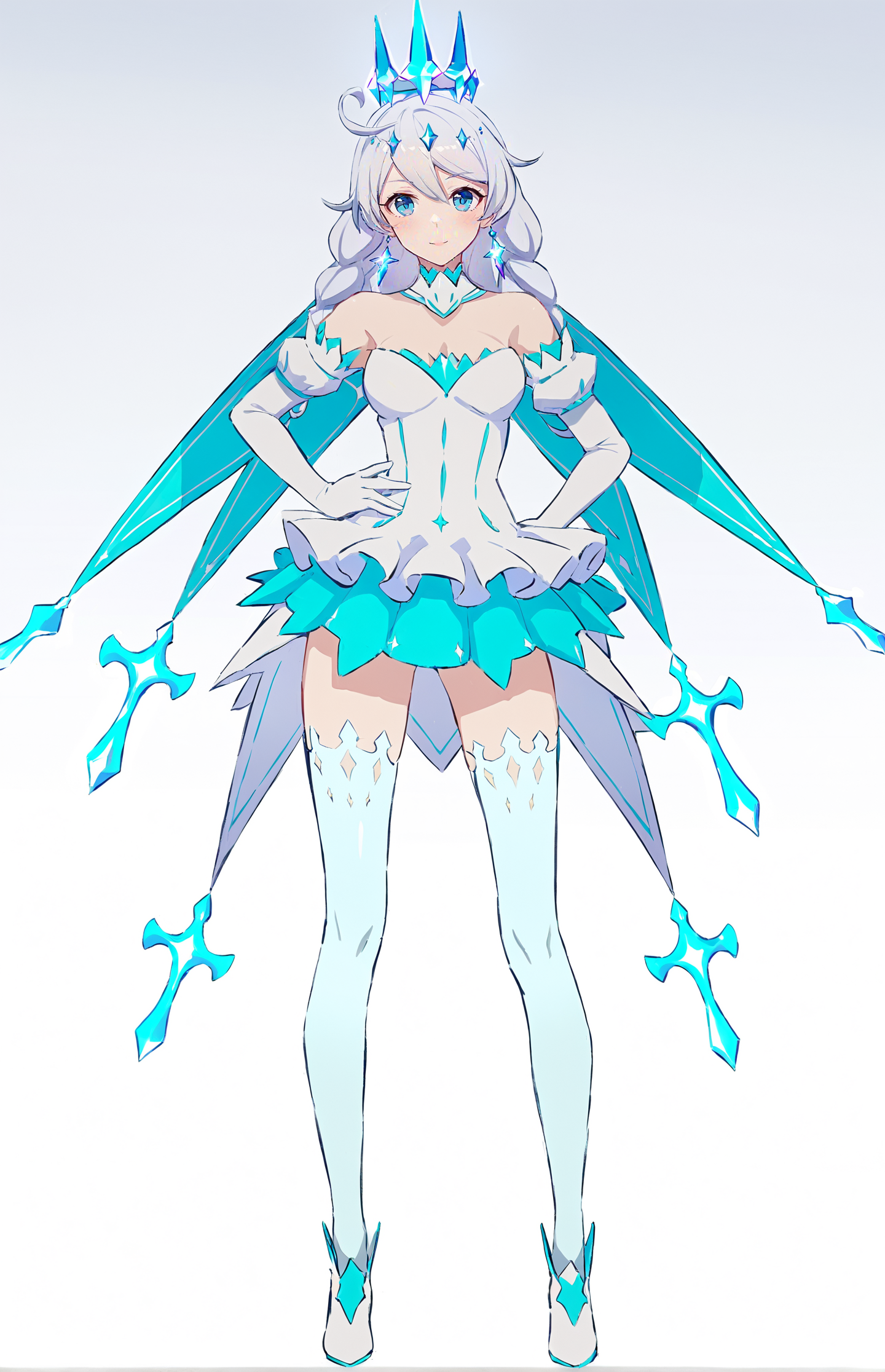 score_9, score_8_up, score_7_up, score_6_up, 8k, best quality, masterpiece, (ultra-detailed:1.1), (high detailed skin), 
(full body), (white background:1.1), standing, looking at viewer, (solo), hand on hip, 
<lora:kiana-young-kohaku-Tanger-000011:0.8>, kiana kaslana, dongzhi, 5th clothes, 1girl, blue eyes, gloves, white thighhighs, dress, long hair, elbow gloves, white hair, crystal crown, bare shoulders, bangs,
(beautiful_face), ((intricate_detail)), clear face, 
((finely_detailed)), fine_fabric_emphasis, 
((glossy)), full_shot,