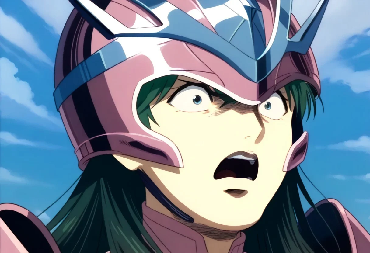 score_9, score_8_up, score_7_up, detailed background, cromartie, 1 boy, shade face, cromartie, anshun, pink sleeveless armor, long wavy green hair, pink helmet with two prongs and silver accents, (shocked:1.2), close up, (solo:1.0)
