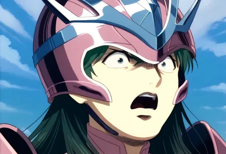 score_9, score_8_up, score_7_up, detailed background, cromartie, 1 boy, shade face, cromartie, anshun, pink sleeveless armor, long wavy green hair, pink helmet with two prongs and silver accents, (shocked:1.2), close up, (solo:1.0)