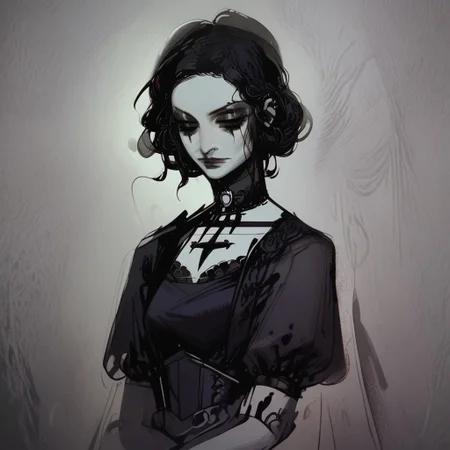 score_9, score_8_up, score_7_up, LeonardoDaVinciSketch, sketch, 1 girl, goth girl, victorian, victorian goth, goth dress, victoria dress