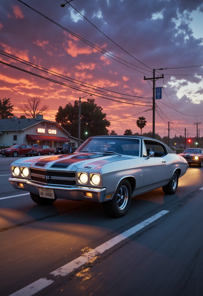 A nostalgically crafted relic of the past, a meticulously restored deep silver pearlescent classic 60's muscle car cruises through the dusk streets with an intimidating elegance. The vintage vehicle gleams with a lustrous sheen, showcasing its aerodynamic lines and sharp accents as it cruises along the asphalt. This evocative scene is captured in a vividly detailed oil painting, where every brushstroke highlights the car's classic styling and pristine condition. Impeccably rendered, this image transports viewers to a bygone era of automotive luxury and style. aidmaGTA6