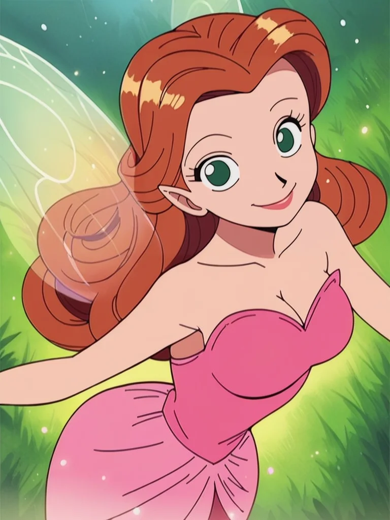 score_9, score_8_up, score_7_up, score_6_up, 1girl, fairy wings, green eyes, brown long hair, pink dress, bare shoulders, sexually suggestive, curvy, medium breast, sexy, looking at viewer, cowboy shot, dynamic pose, cute, solo, dutch angle, cleavage, forest, vegetation, smile, :D, from above, particles around, wide shot,
RossetaXLP , cartoon, <lora:RossetaXLP_character:0.8> <lora:one_piece_style_pony:1> one_piece_style,