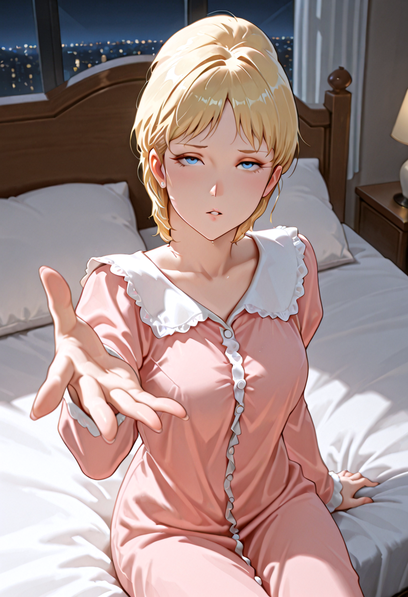 IllusP0s, masterpiece, best quality, amazing quality, very aesthetic, absurdres, newest, ((ultra detailed eyes:1.4)),((ultra detailed hair:1.4)),((Dynamic Angle:1.4))
BREAK
1girl, solo, d31kun, astr4ai4_t0r_d31kun,Blonde hair, short hair, dark blue eyes,
Nightwear
BREAK
Bedroom, night, king bed, huge bed, sit bed , looking at viewer, parted lips,beckoning, come hither, carry me, outstretched hand, reaching towards viewer, palm,
<lora:Astraia_Tor_Deikun_-_GUNDAM_THE_ORIGIN_-_100Percent_-_Manga06:1>