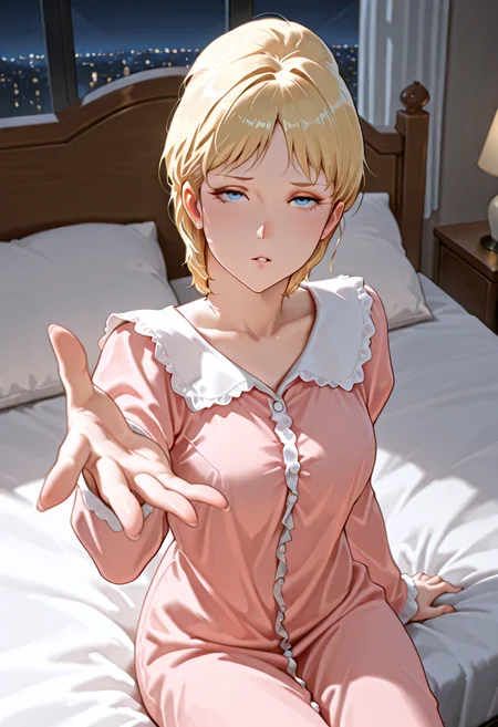 IllusP0s, masterpiece, best quality, amazing quality, very aesthetic, absurdres, newest, ((ultra detailed eyes:1.4)),((ultra detailed hair:1.4)),((Dynamic Angle:1.4))
BREAK
1girl, solo, d31kun, astr4ai4_t0r_d31kun,Blonde hair, short hair, dark blue eyes,
Nightwear
BREAK
Bedroom, night, king bed, huge bed, sit bed , looking at viewer, parted lips,beckoning, come hither, carry me, outstretched hand, reaching towards viewer, palm,
<lora:Astraia_Tor_Deikun_-_GUNDAM_THE_ORIGIN_-_100Percent_-_Manga06:1>