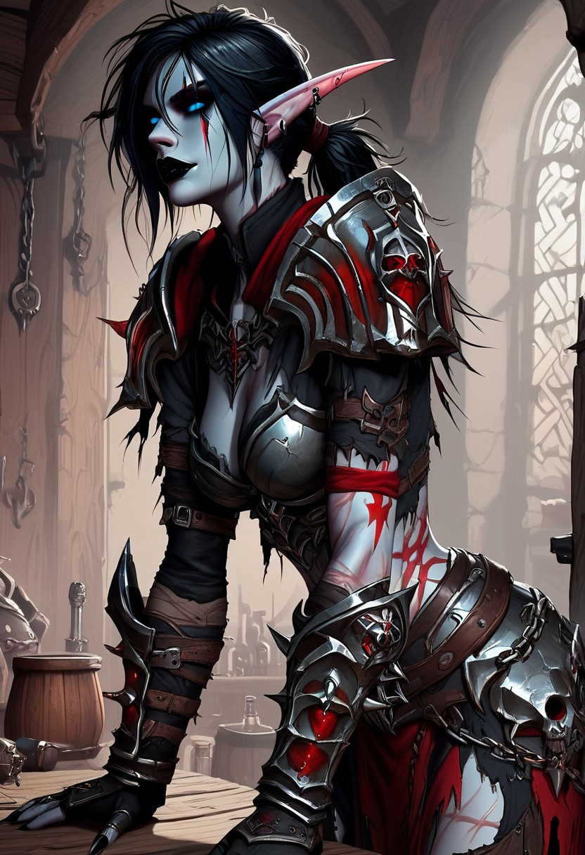 score_9, score_8_up, score_7_up, score_6_up, source_anime, Expressiveh, undead, deathknight, masterpiece, best quality, highly detailed, mxstnrv3, 1girl, night elf, goth, tall girl, athletic, (pale grey skin, red warpaint, red bodytattoo, red facetattoo), pointy ears, long ears, (blue eyes, glowing eyes, blue sclera), (black hair, messy hair, short ponytail, bangs), scars, black lipstick, NM_Cauldron_Champion, full armor, armor, shoulder armor, gauntlets, pauldrons, skull, breastplate, greaves, cape, torn cape, torn clothes, chain, indoors, sexy, dynamic angle, seductive smile, solo, bent over, arched back,