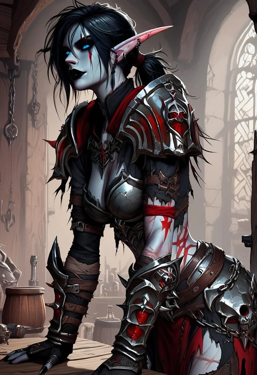 score_9, score_8_up, score_7_up, score_6_up, source_anime, Expressiveh, undead, deathknight, masterpiece, best quality, highly detailed, mxstnrv3, 1girl, night elf, goth, tall girl, athletic, (pale grey skin, red warpaint, red bodytattoo, red facetattoo), pointy ears, long ears, (blue eyes, glowing eyes, blue sclera), (black hair, messy hair, short ponytail, bangs), scars, black lipstick, NM_Cauldron_Champion, full armor, armor, shoulder armor, gauntlets, pauldrons, skull, breastplate, greaves, cape, torn cape, torn clothes, chain, indoors, sexy, dynamic angle, seductive smile, solo, bent over, arched back,