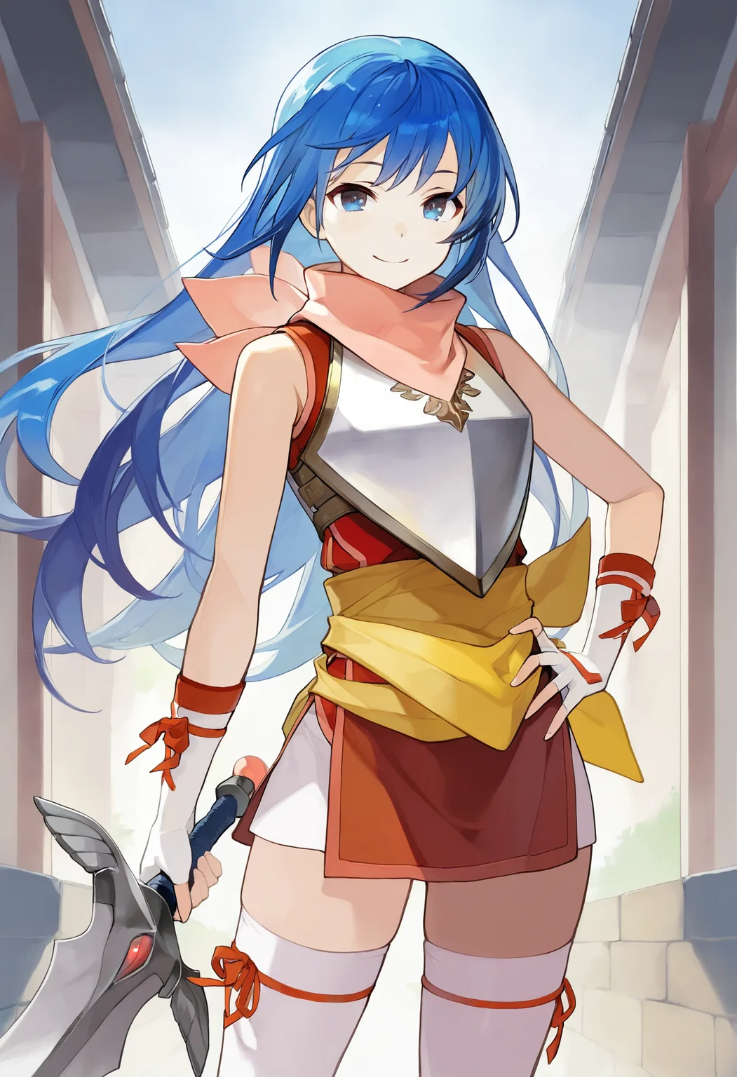 masterpiece, best quality, 1girl, solo, <lora:caeda-fe-richy-v1_ixl:1.0> caedaprc, blue eyes, blue hair, long hair, bangs, pink scarf, red shirt, breastplate, sleeveless, white gloves, fingerless gloves, yellow sash, white thighhighs, standing, outdoors, looking at viewer, smile, hand on own hip, holding sword, winged sword
