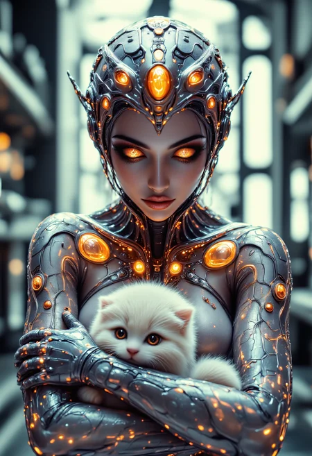 safe_pos, safe_pos, safe_pos, score_9, score_8_up, score_7_up, easynegative, Expressiveh, detailed eyes,Stable_Yogis_PDXL_Positives, ng_deepnegative_v1_75t, raw, realistic,
The image depicts a futuristic, sci-fi scene featuring a humanoid figure with an intricate, mechanical appearance. The figure is wearing a form-fitting, ornate suit that appears to be made of a combination of metal and organic materials. The suit is adorned with glowing orange lights and intricate designs, giving it a high-tech, otherworldly look. The figure has a slender, elongated body shape with a head that is slightly larger than the torso, and the face is partially obscured by the helmet-like headgear. The headgear includes sharp, angular elements that extend outward, adding to the overall futuristic aesthetic. The figure's eyes are glowing orange, matching the lights on the suit. The figure is holding a small, white, fluffy animal that resembles a puppy|cat. The animal has large, expressive eyes that are also glowing orange, similar to the figure's eyes. The cat appears to be comfortably nestled in the figure's arms, suggesting a sense of companionship or affection between them. The background of the image is a blurred, futuristic setting with soft, ambient lighting, giving the scene a warm and inviting atmosphere. The overall composition of the image is visually striking, blending elements of science fiction and fantasy.