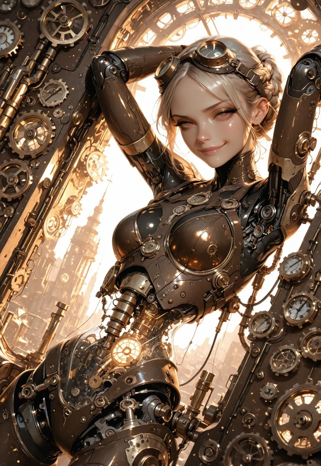 masterpiece, best quality, highres, good quality, very aesthetic, absurdres, newest, 8K, depth of field, focused subect,
1girl, solo, steampunk, sepia, intricate linework, greebling, embroidered, carved, hairstyle, braid, action shot, smirk, armpit, shiny skin, brown leather, goggles on head, brass, gauges, dials, airship, cybernetic implants, clockwork stomach, clockwork innards, visible internal gears and pistons, bronze clockwork organs, transparent plastic stomach, bronze springs, bronze pistons, bronze bones, damaged, animatronic, synthetic, airship, steampunk city, mechanical parts, cable, wires, machinery, joints, flirting, seductive, provocative, erotic, nsfw,
dramatic angle, dutch angle, action, adventure, depth of field, high contrast,