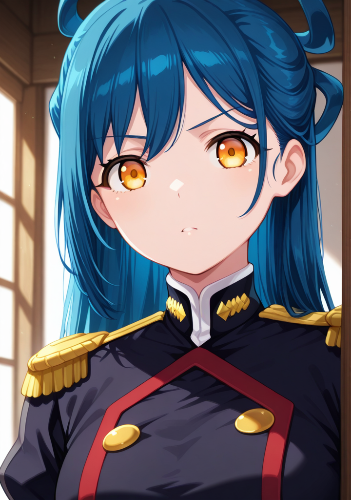 masterpiece,best quality,amazing quality,
1girl,looking at viewer,upper body,military uniform,
<lora:matochara:1>,azuma himari,blue hair,yellow eyes,