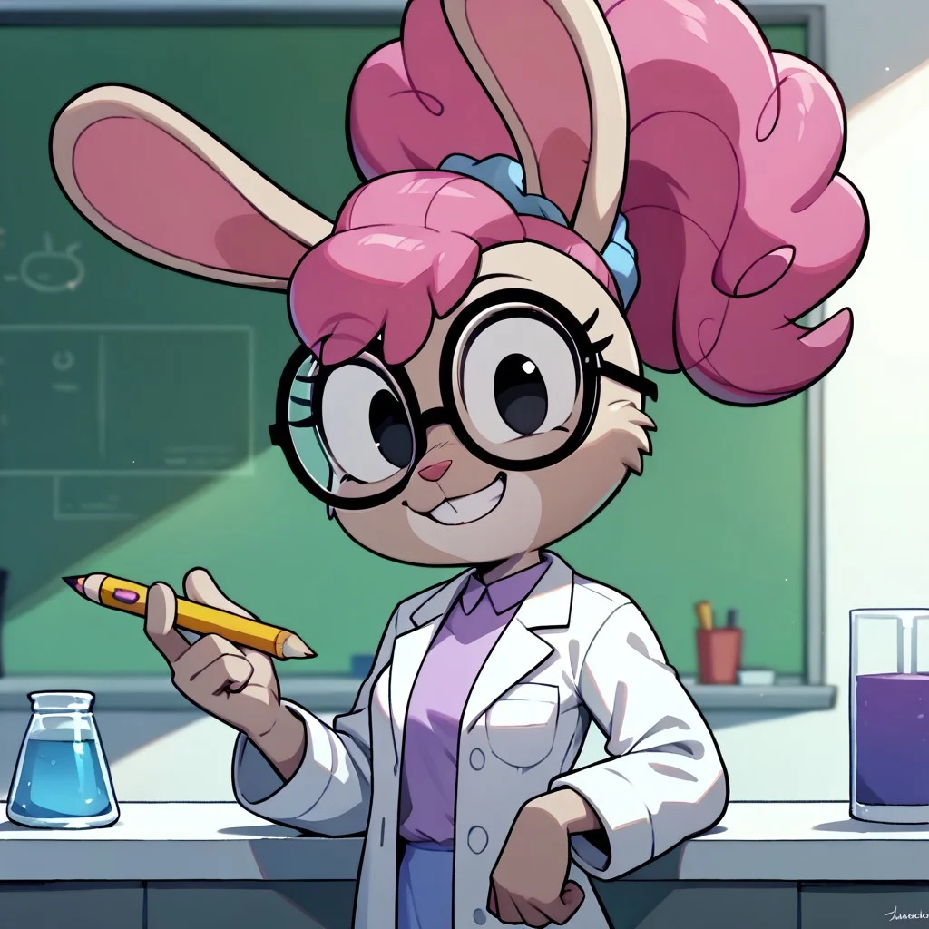 score_9, score_8_up, score_7_up BREAK DrAnnabelle, 1girl, anthro bunny, light brown fur, pink nose, pink curly hair, ponytail, pencil stuck in hair, light purple scrunchie, black eyes, glasses, white lab coat, light purple undershirt, cowboy shot, smiling at viewer,