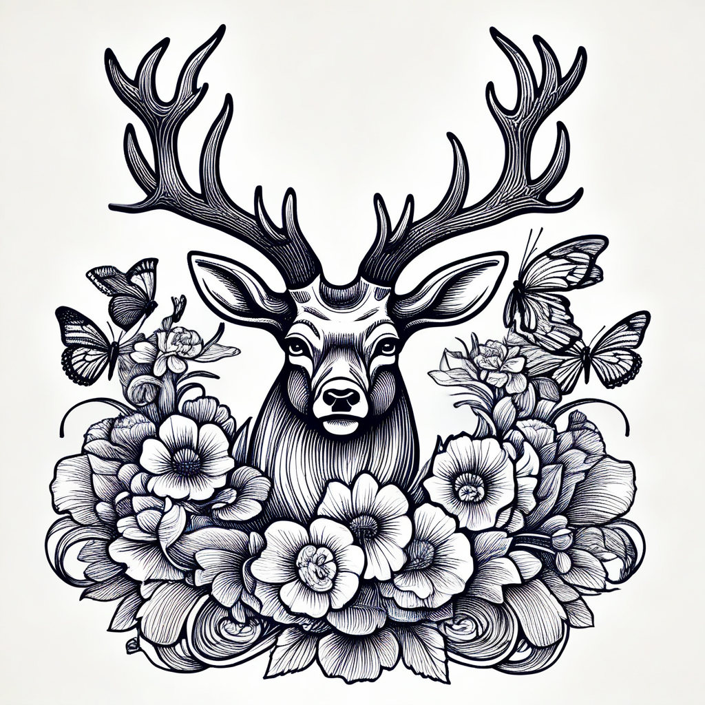 still life, open mouth, deer, horns, looking at viewer, flower, butterfly, lineartlora, fine art parody