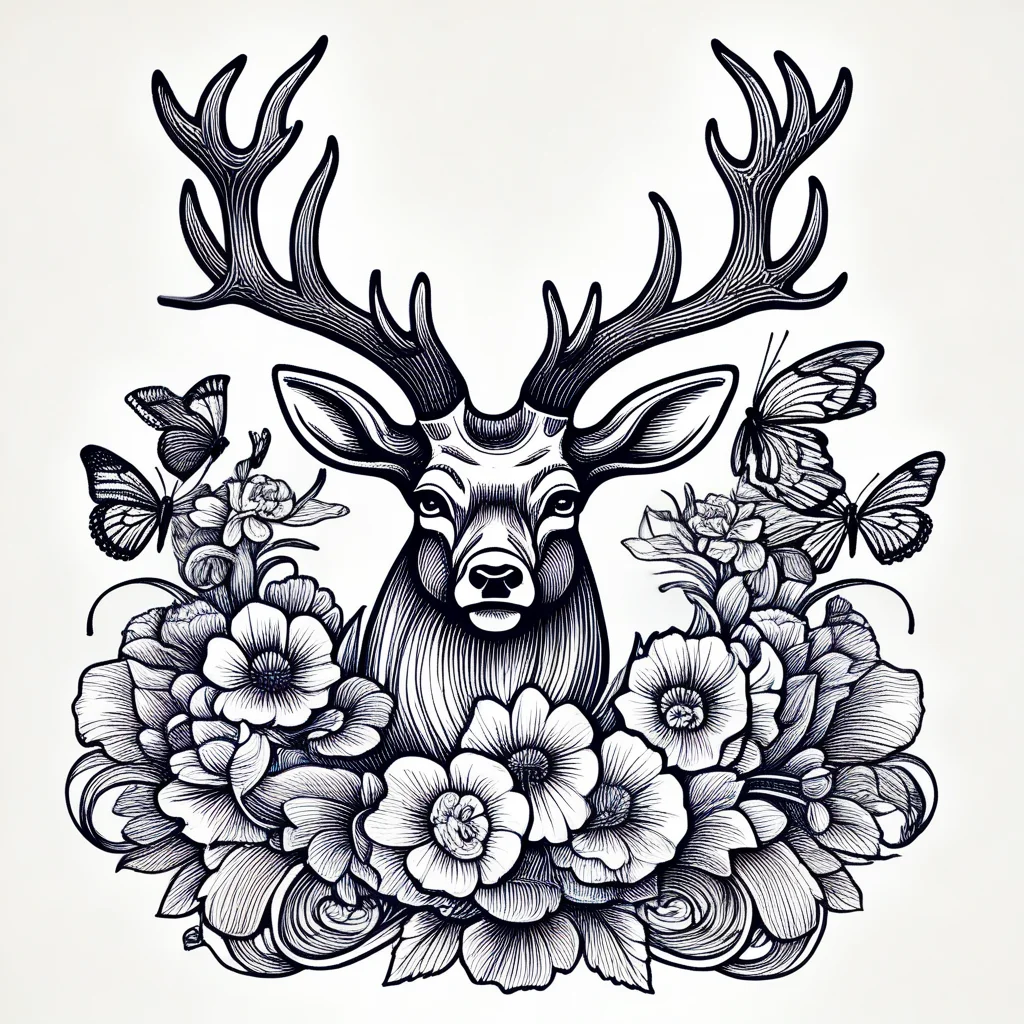 still life, open mouth, deer, horns, looking at viewer, flower, butterfly, lineartlora, fine art parody