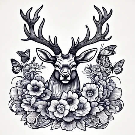 still life, open mouth, deer, horns, looking at viewer, flower, butterfly, lineartlora, fine art parody