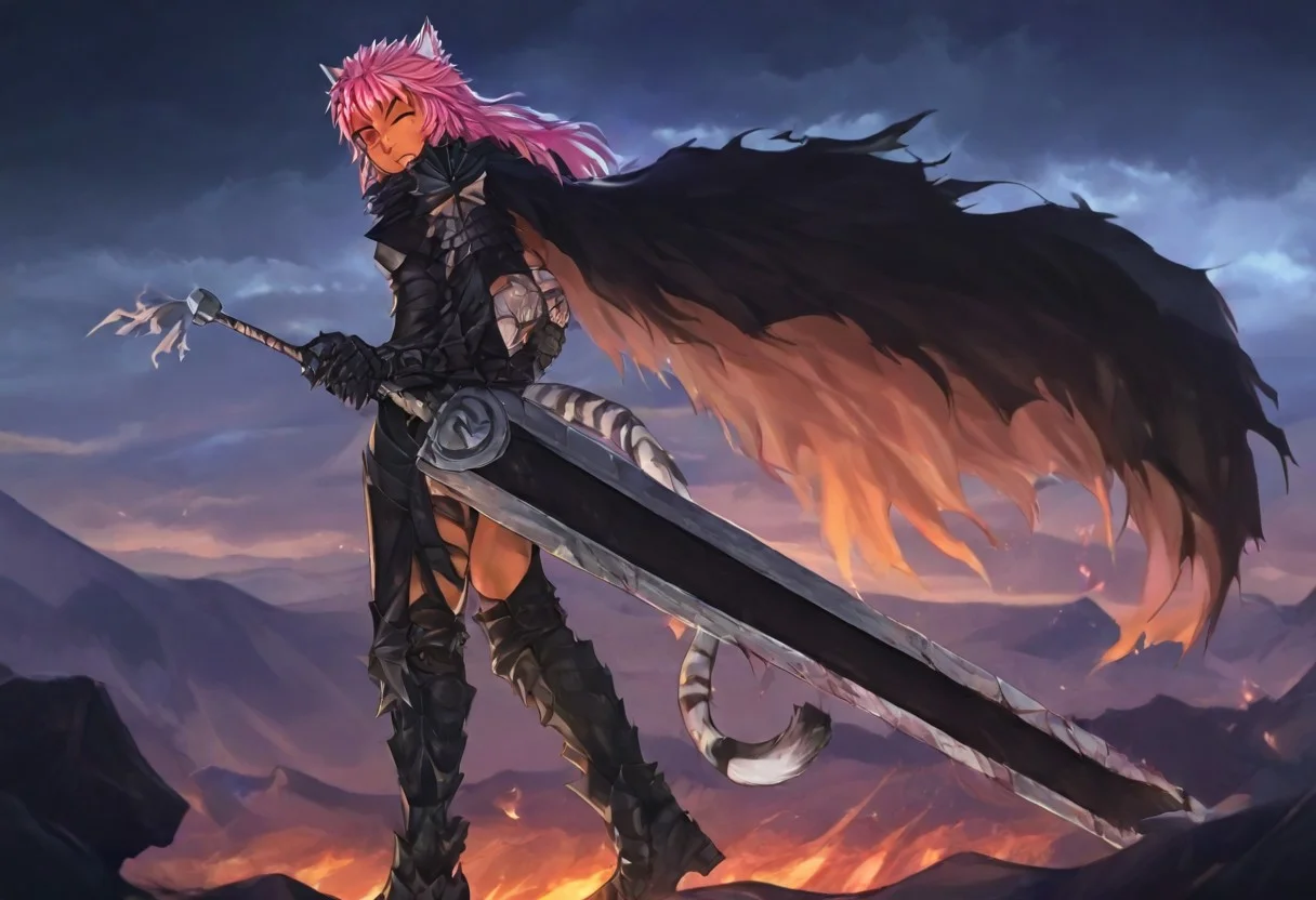 masterpiece, very aesthetic, anime screenshot, 1girl, Pink_PonyXL, DragonSlayerSword-Il.V1.0, black armor, shoulder armor, gauntlets, greaves, bandaged arm, black cape, torn cape, bright pink hair, cat ears, scar on nose, one eye closed, cat bell around neck, tanned, white tiger tail, small breasts, scowling, standing, looking at viewer, side view, wielding-dragonslayer, huge weapon, sword, holding sword, holding weapon, full body, zoomed in on pink_ponyxl
Break
City of hyrule on fire, at night