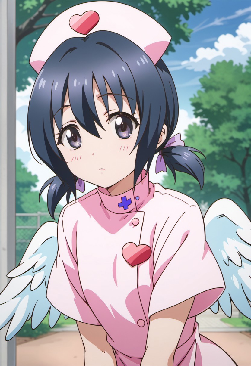 score_9, score_8_up, score_7_up, source_anime, funabori, dark blue hair, purple eyes, twintails, 1girl, solo, anime coloring, nurse cap, wings, hat, nurse, angel wings, heart, tree, white wings, looking at viewer, outdoors, hair between eyes