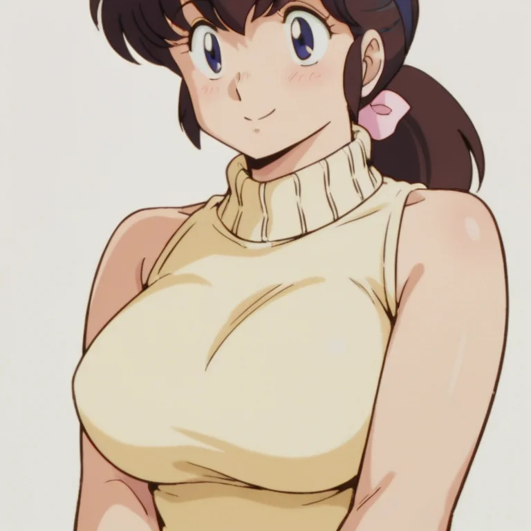 score_9, score_8_up, score_7_up, source_anime, best quality, masterpiece, uncensored, BREAK, pov, upper body, folding one's arms, Kyoko Otonashi, 1 woman, older female, adult female, very tall female, solo, looking at my eyes, she loves me, Seducing me, smile, brown hair, ponytail, tight sweater, sleeveless, huge breasts, slender constriction, pale color background, simple background, <lora:Kyoko_Otonashi:0.8>