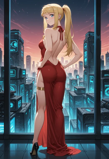 masterpiece, best quality, highres, absurdres, very awa, 1girl, solo, wnrbll, blonde hair, sidelocks, long hair, evening gown, dress, jewelry, halterneck, halter dress, red dress, earrings, cyberspace, cyberpunk, neon outline, hands on hips, full body, from behind, looking back, blue eyes, long dress, side slit, backless outfit, backless dress, nail polish, thighlet, high heels, grid, city, scifi, ponytail, looking at viewer, light blush, light smile, closed mouth