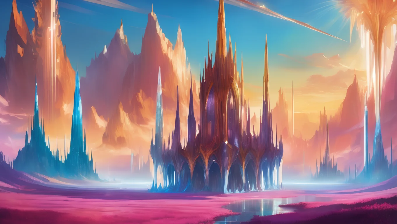 A flat plain where massive crystal spires rise from the ground, refracting the sunlight into dazzling patterns. The air hums with a soft resonance as the crystals vibrate faintly.
,masterpiece, best quality, amazing quality, very aesthetic, absurdres, scenery, official art
