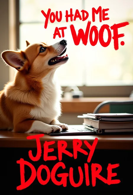movie poster, Highly detailed analog photo, Scene of a corgi dog looking up and pampered, in profile, with an office in the background, At the top of the screen in a text, the text reads in large letters "You had me at woof.", At the bottom of the screen in a red handwritten text, the text reads in large letters "Jerry Doguire", aidmaTextImprover,