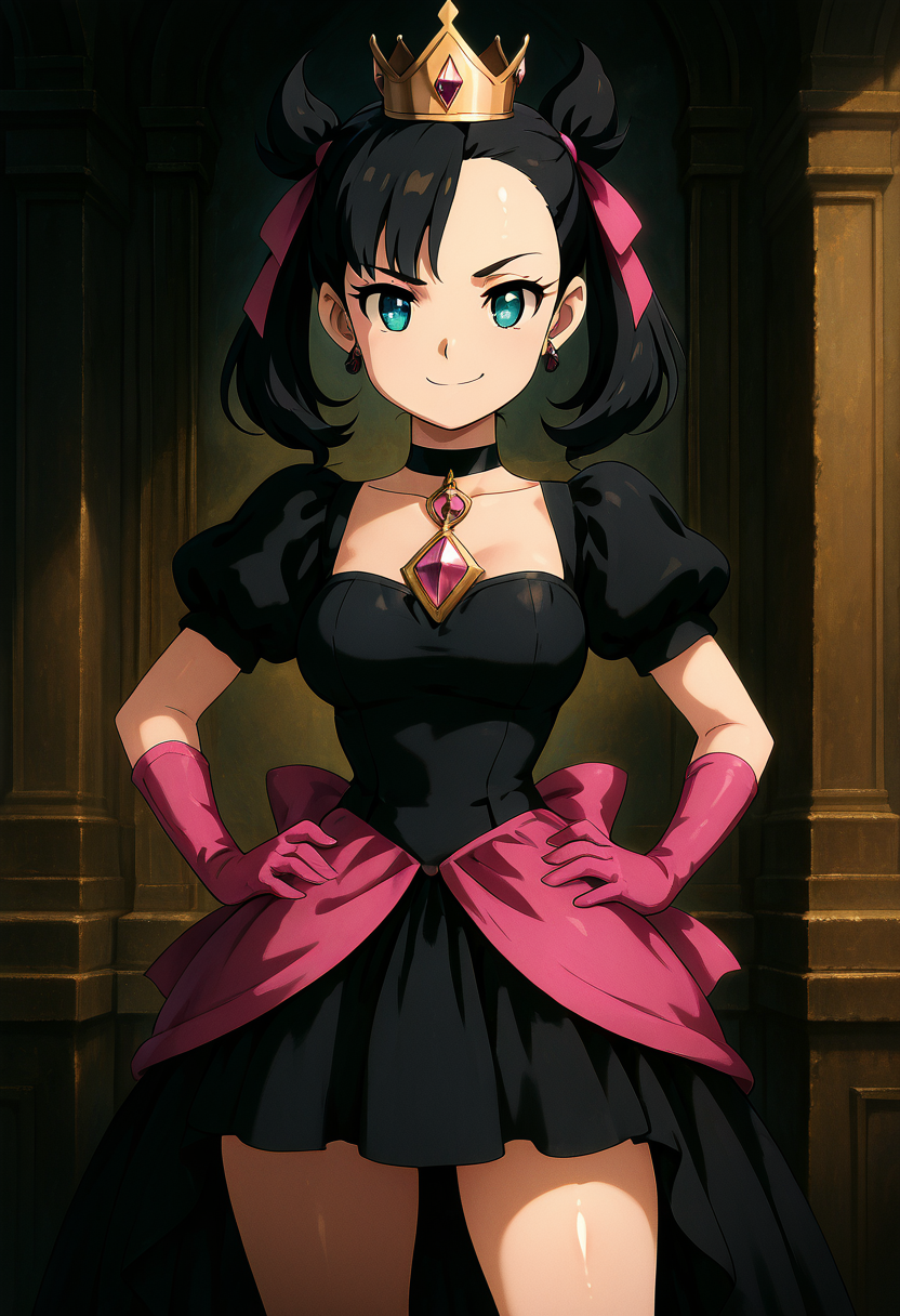 masterpiece, best quality, 1girl, solo, eyelashes, (beautiful eyes), shiny skin, looking at viewer, smile, zzShadowMarnieCitron, aqua eyes, black hair, hair ribbon, medium hair, asymmetrical bangs, twintails, mini crown,   black dress, puffy short sleeves, black choker, gem, pink ribbon, pink gloves, bow, large breasts, narrow waist, chiaroscuro,  ,<lora:ShadowHimeMarnieCitronOCIXL_v3:1.0>,  cowboy shot, hand on hip, smug, smile, looking at viewer, shiny skin,