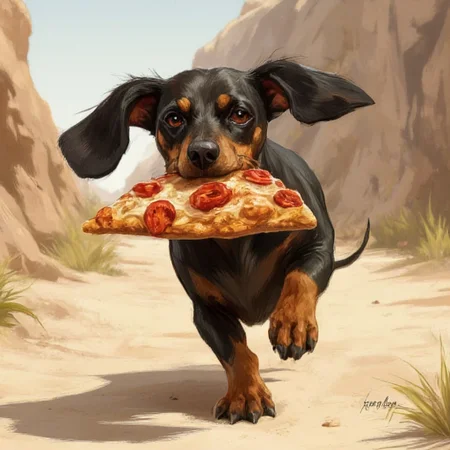 illustration in DD4Ced-STV1.0 artstyle that features a dachshund running away with a big slice of pizza in his mouth