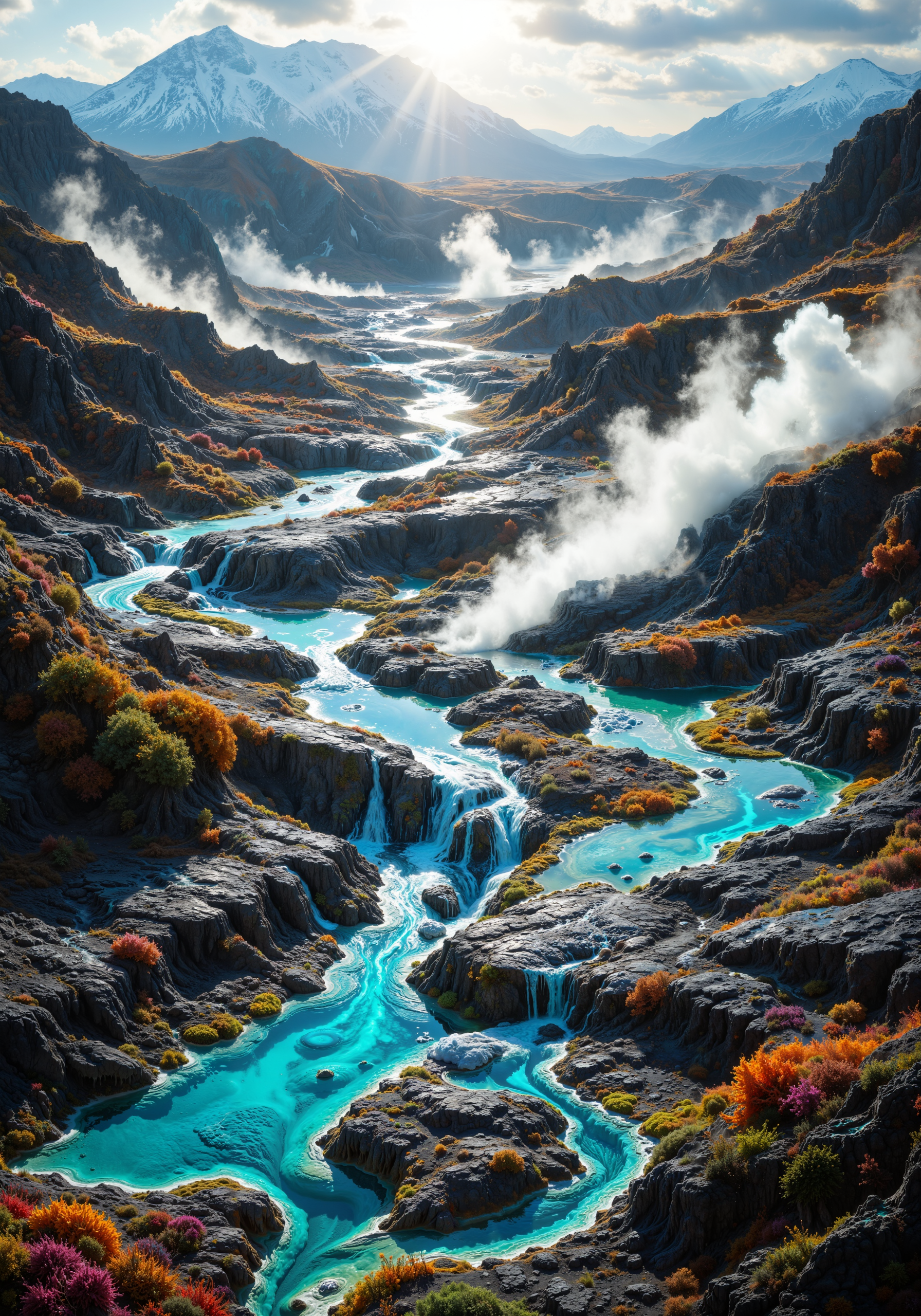 Aerial view of geothermal wonderlands where turquoise hot springs bleed into mineral-crusted terraces, hyper-detailed 8k textures revealing cracked earth patterns and bubbling azure pools. Close-up perspectives capture iridescent microbial mats clinging to steaming runoff channels, their neon oranges and sulfur yellows glowing against obsidian sand. Low-angle compositions frame geyser eruptions through morning mist, sun rays fracturing through rising vapor columns. Tracking shots follow serpentine streams cutting through multicolored sinter deposits, their terraced edges crusted with calcium carbonate formations resembling frozen waterfalls. Masterpiece rendering of hydrothermal contrasts - cerulean waters against rust-red iron oxides, jade algae colonies bordering milky white silica flats. Volumetric steam interacts with golden hour light, creating ethereal halos around mineral chimneys while extremophile flora clings to scorched earth. Ultra-wide vistas showcase the alien landscape's scale, where geothermal vents paint abstract patterns across mineral-stained earth, framed by distant snow-capped peaks under a chromatic aberration sky. <lora:sxz-Dark-Fantasy-v2-Flux:0.8> <lora:flux_vividizer:0.7> <lora:flux_dev:1>