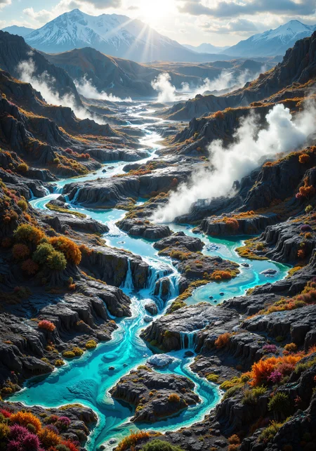 Aerial view of geothermal wonderlands where turquoise hot springs bleed into mineral-crusted terraces, hyper-detailed 8k textures revealing cracked earth patterns and bubbling azure pools. Close-up perspectives capture iridescent microbial mats clinging to steaming runoff channels, their neon oranges and sulfur yellows glowing against obsidian sand. Low-angle compositions frame geyser eruptions through morning mist, sun rays fracturing through rising vapor columns. Tracking shots follow serpentine streams cutting through multicolored sinter deposits, their terraced edges crusted with calcium carbonate formations resembling frozen waterfalls. Masterpiece rendering of hydrothermal contrasts - cerulean waters against rust-red iron oxides, jade algae colonies bordering milky white silica flats. Volumetric steam interacts with golden hour light, creating ethereal halos around mineral chimneys while extremophile flora clings to scorched earth. Ultra-wide vistas showcase the alien landscape's scale, where geothermal vents paint abstract patterns across mineral-stained earth, framed by distant snow-capped peaks under a chromatic aberration sky. <lora:sxz-Dark-Fantasy-v2-Flux:0.8> <lora:flux_vividizer:0.7> <lora:flux_dev:1>
