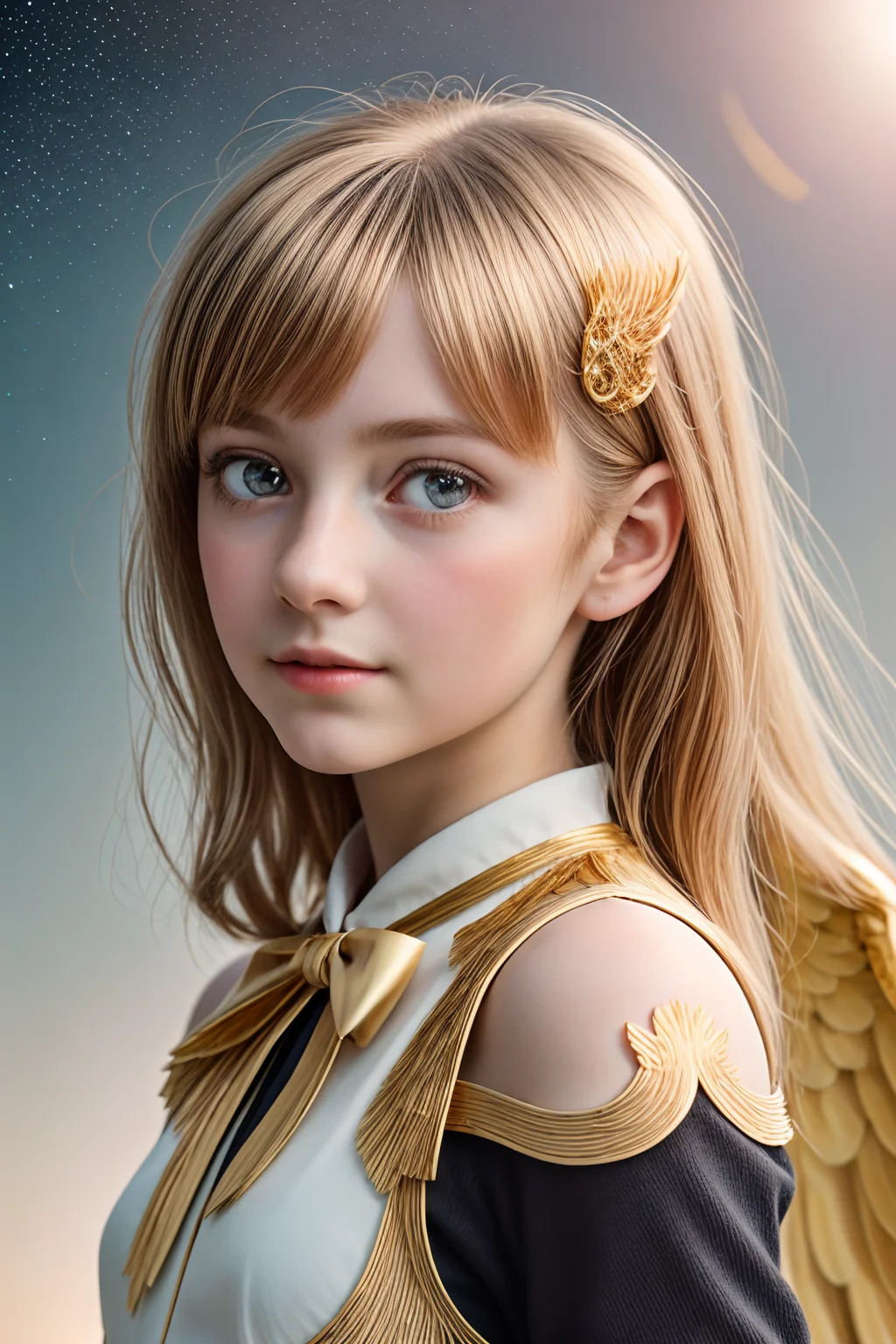 (((masterpiece))),(((crystals texture Hair))),(((((extremely detailed CG))))),((8k_wallpaper)), (1 girls:1.5),big top sleeves, floating,beautiful detailed eyes, overexposure, side blunt bangs, buttons, bare shoulders,(((cute))),light shafts, soft focus, character focus,wings,(((Transparent wings))),[[((Wings made of golden lines,angel wing,gold halo around girl,many golden ribbon,Aureate headgear,gold magic circle in sky, light, black sky):1.3):((galaxy background, snowflakes, night sky, black pupils, starts sky background, stars behind girl, view on sky,standing):0.8)],[(Elegant hair,Long hair,The flying golden lines,Messy golden lines,halo,hairs between eyes,Small breasts,ribbons, bowties,red eyes, golden pupil, white hair,flowing hair,disheveled hair,lowing long hair):(Delicate arms and hands):0.8] <lora:LCM_LoRA_Weights_SD15:1>