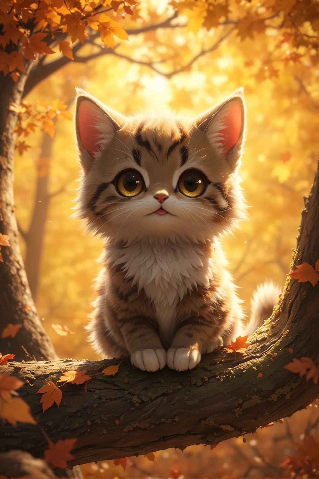 looking at viewer,detailed background,Cinematic Lighting,film grain,depth of field,score_9,score_8_up,score_7_up,masterpiece,best quality,highly detailed, (masterpiece, best quality, (anime screencap:1.5)),cute little cat,perched on a tree branch,large expressive eyes,detailed fluffy fur with autumn leaves gently resting on it,vibrant autumn background with orange and yellow leaves falling,sunlight filtering through the trees creating a warm glow,detailed bark and leaves,playful and joyful expression,intricate and lush autumn foliage,2d anime style,volumetric lighting,high dynamic range,sense of wonder and playfulness,extremely detailed background with layers of autumn leaves,branches,and sunlight,realistic textures and lighting,magical and enchanting atmosphere,