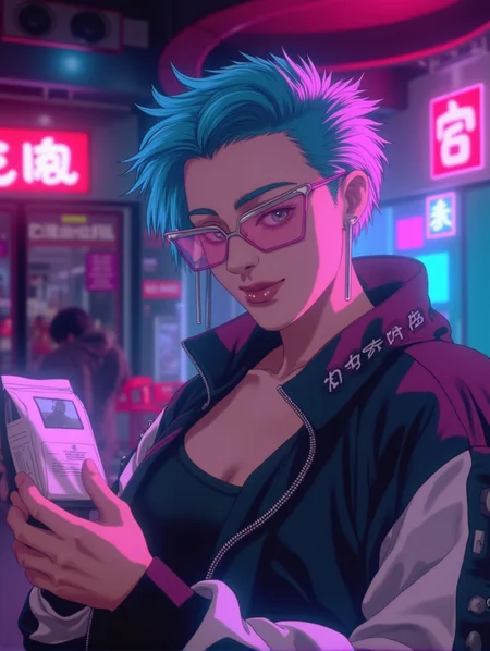 <lora:Ghost_in_Shell_1995_Flux:1> ghostshell, retrostyle, young women in her 20s, spiky blue and pink hair, wearing futuristic triangle shaped sunglasses, wearing a sporty jacket, holding a bag of pills, looking at viewer, small smile, cool expression, night club background