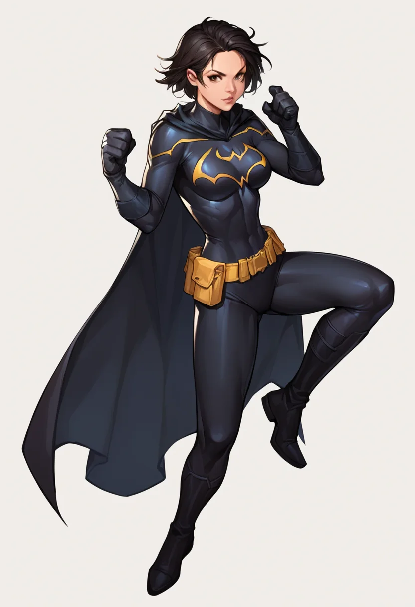 score_9, score_8_up, score_7_up, score_6_up, 1girl, full body shot, looking at viewer, solo, simple background, white background, action pose, cassandra-wayne, asian, chinese, brown eyes, black hair, short hair, Batgirl-outfit, black cape, batcowl