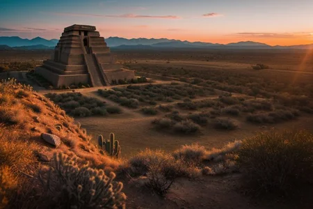 (tall ancient stone towers; 1.39) (ziggurat temple complex emerging from landscape: 1.39) raw photo, a sunset landscape, Arizona desert, Saguaro Cactus, Tall Mesa, cozy, photorealistic, high detailed texture, 8k uhd, dslr, soft lighting, high quality, film grain, Fujifilm XT3, Sony A7 IV, highly detailed photography, (muted colors, cinematic, dim colors, soothing tones:1.2), vibrant, insanely detailed, hyperdetailed, (dark shot:1.2), (vsco:0.3), (intricate details:0.9), (hdr, hyperdetailed:1.2) (highest coherency: 1.39) (highest quality: 1.39) (rule of Thirds) (award winning) (breathtaking) (masterclass) (vibrant color: 0.79) (distant hillside) (cinematic lighting, David Park, lights,)