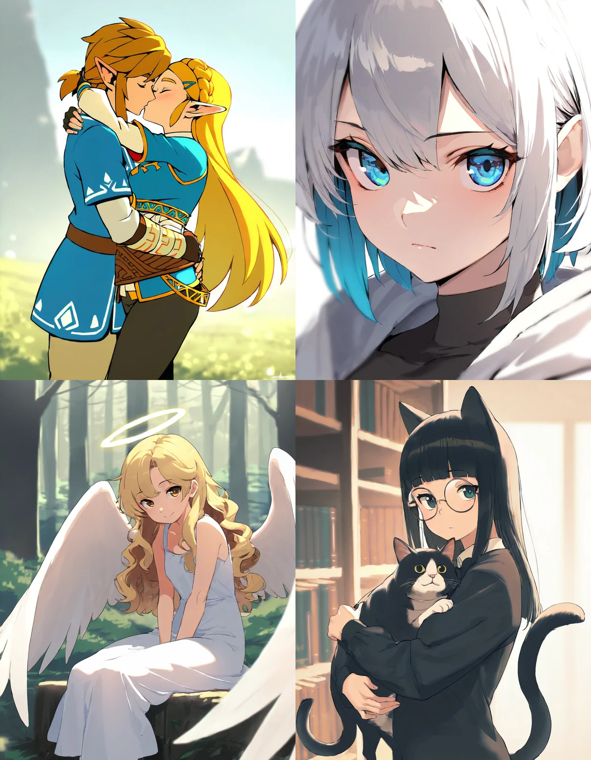 https://civitai.com/articles/8642 __ 1st image: masterpiece, best quality, 1girl, 1boy, princess zelda, the legend of zelda: breath of the wild, standing, kiss, hug, closed eyes, outdoors __ 2nd image: masterpiece, best quality, 1girl, face, portrait, looking at viewer, closed mouth __ 3rd image: masterpiece, best quality, 1girl, solo, blonde hair, wavy hair, angel, angel wings, halo, smile, sitting, forest, white dress __ 4th Image: masterpiece, best quality, 1girl, solo, long hair, black hair, blunt bangs, straight hair, round eyewear, cat girl, cat ears, cat tail, standing, hug, cat, looking at viewer, library