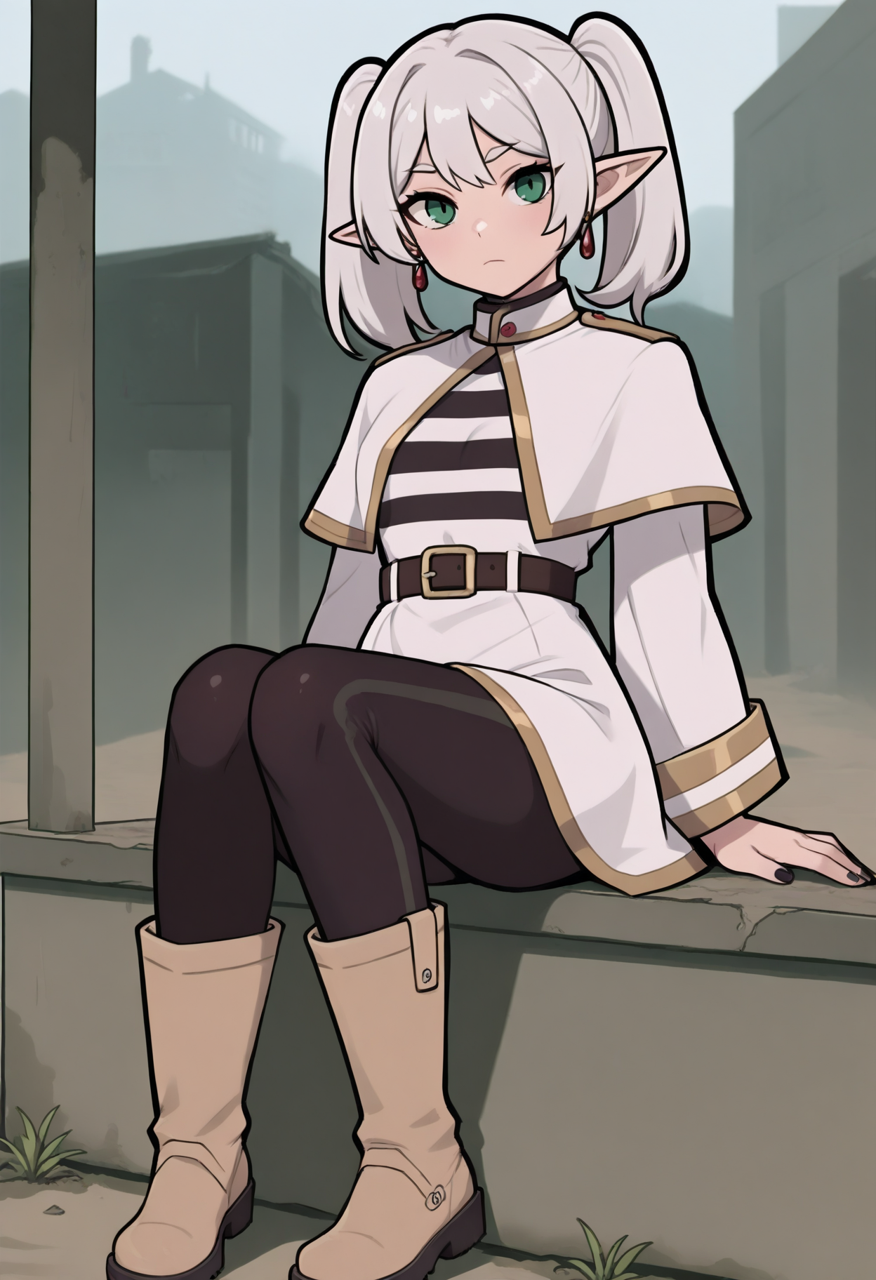  embedding:hda\HDA_MasterpieceXLclassic.safetensors , frid7dren, photo of a woman, white twintails, pointy ears, red earrings, white tunic with caplet and gold trim, white sleeves, striped undershirt, dark leggings, tan boots, black nails, sitting, A post-apocalyptic wasteland with crumbling buildings and scorched earth
